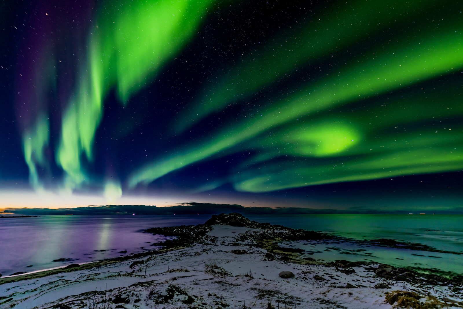 Green aurora filling the sky above a snow-covered shore and the sea