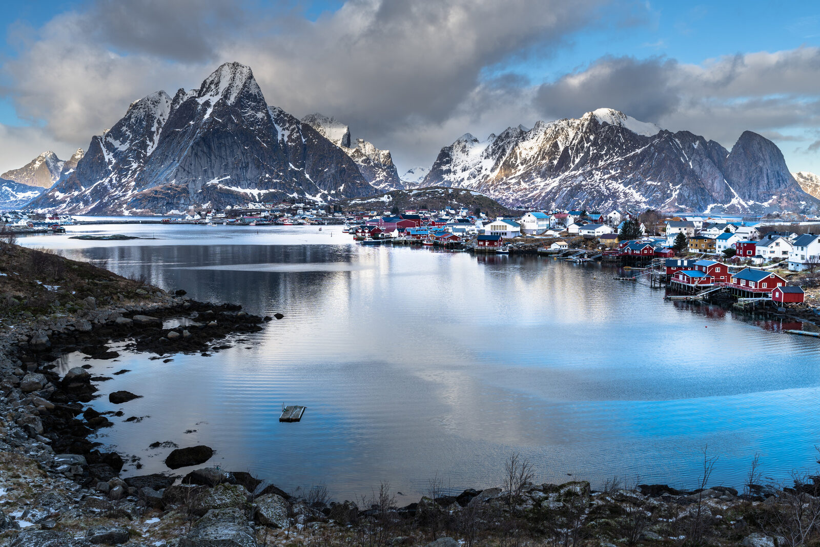 The fishing village of Reine below snow-covered peaks